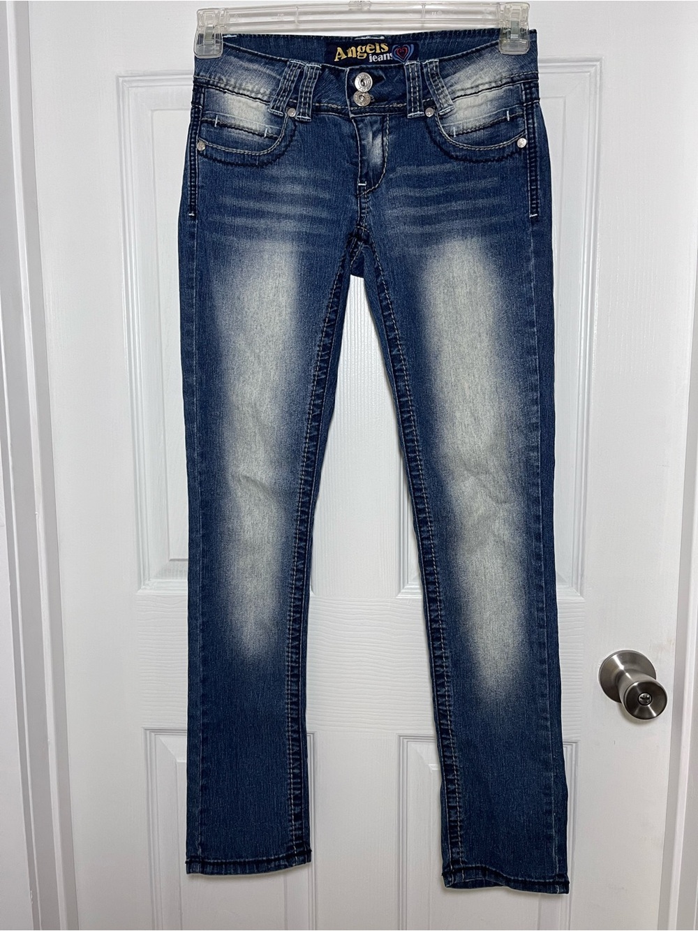 Angels Y2K Low Rise Women's Faded Slim Skinny Jeans - Blue Wash